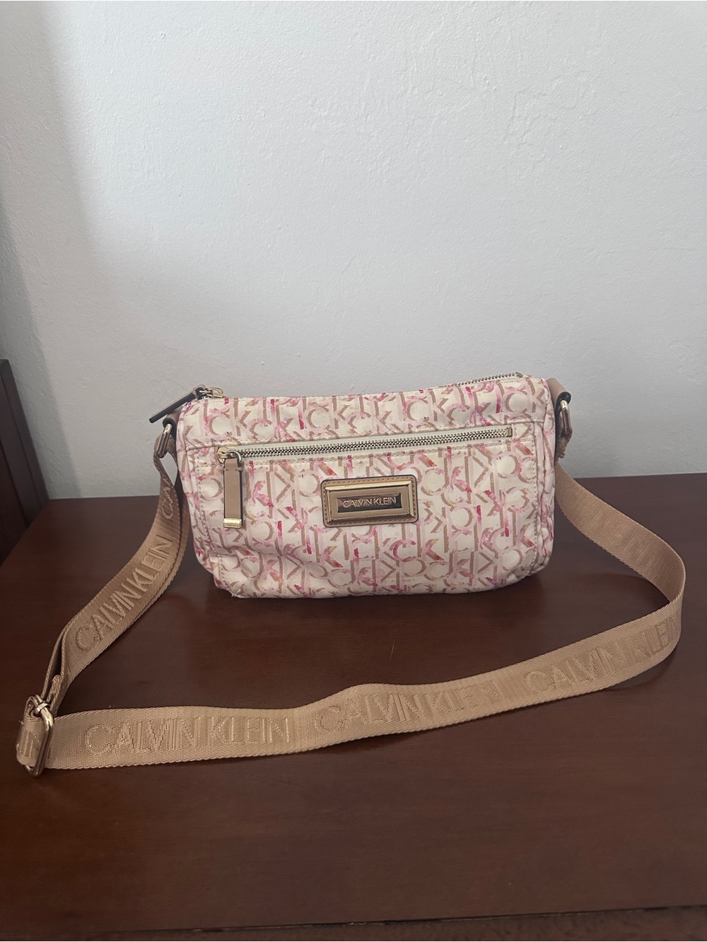 Calvin Klein Pink Monogram Crossbody with Tan Strap